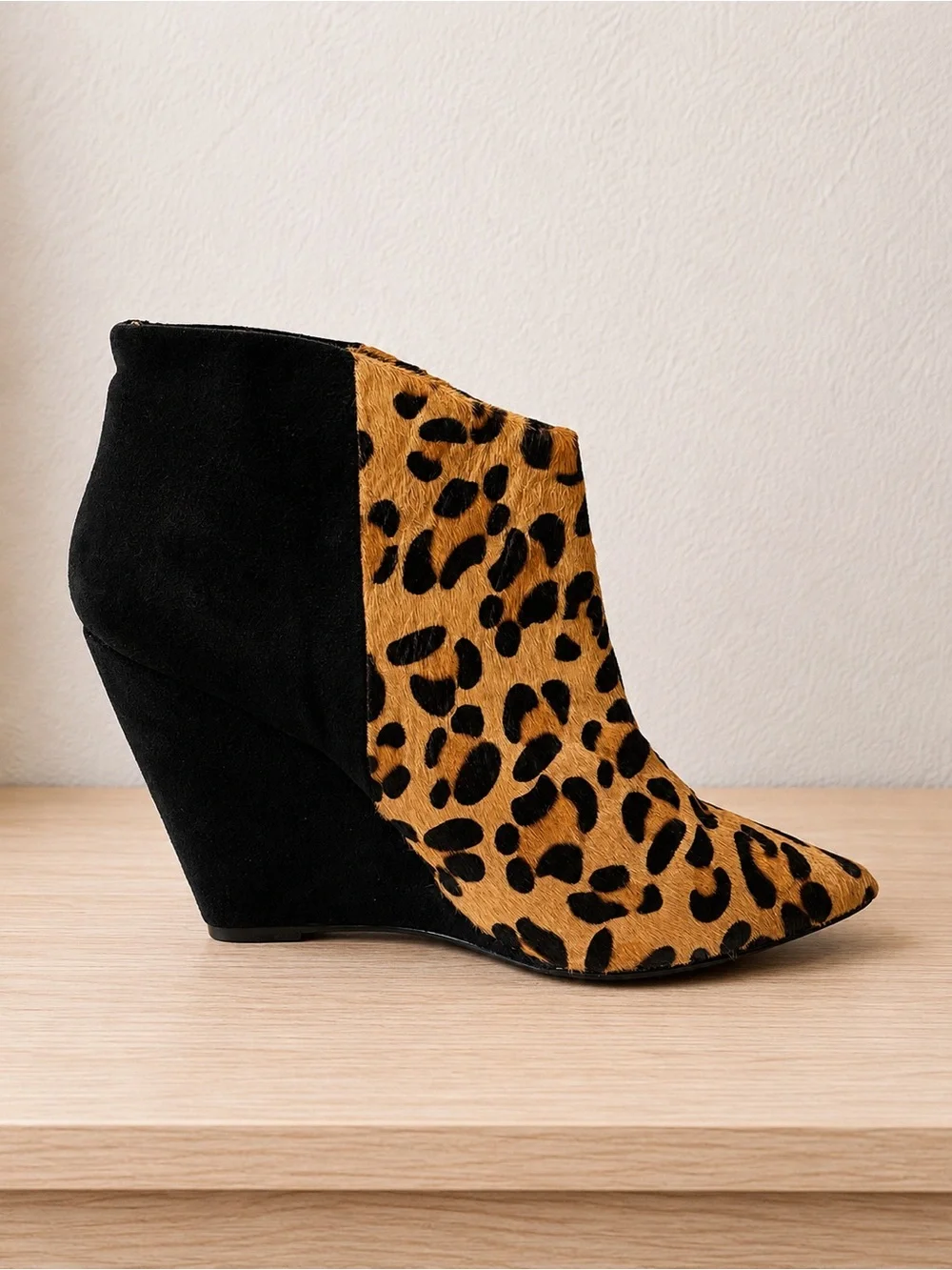 Betsey Johnson Leopard Haircalf  Fringe Wedge Ankle Boot - Black & Tan